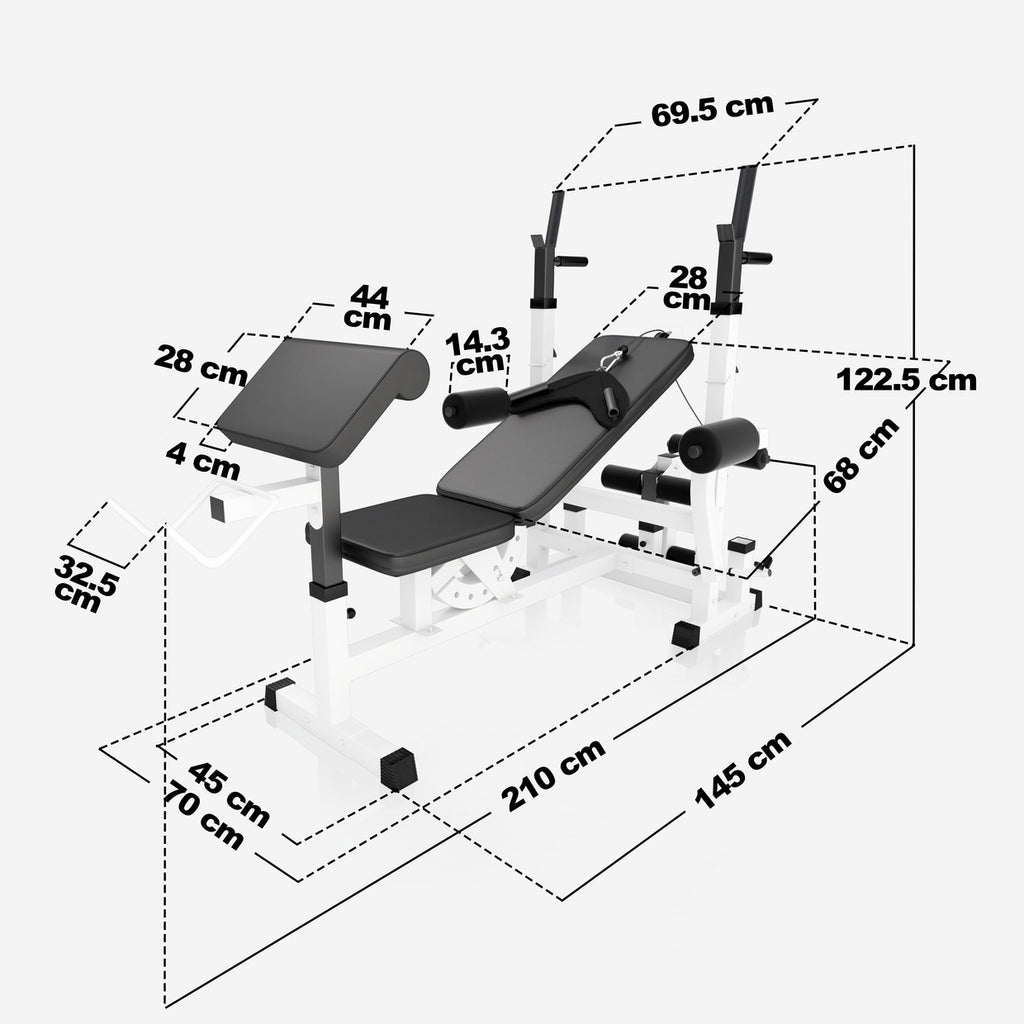 Säädettävä monitoimipenkki max 280 kg, valkoinen