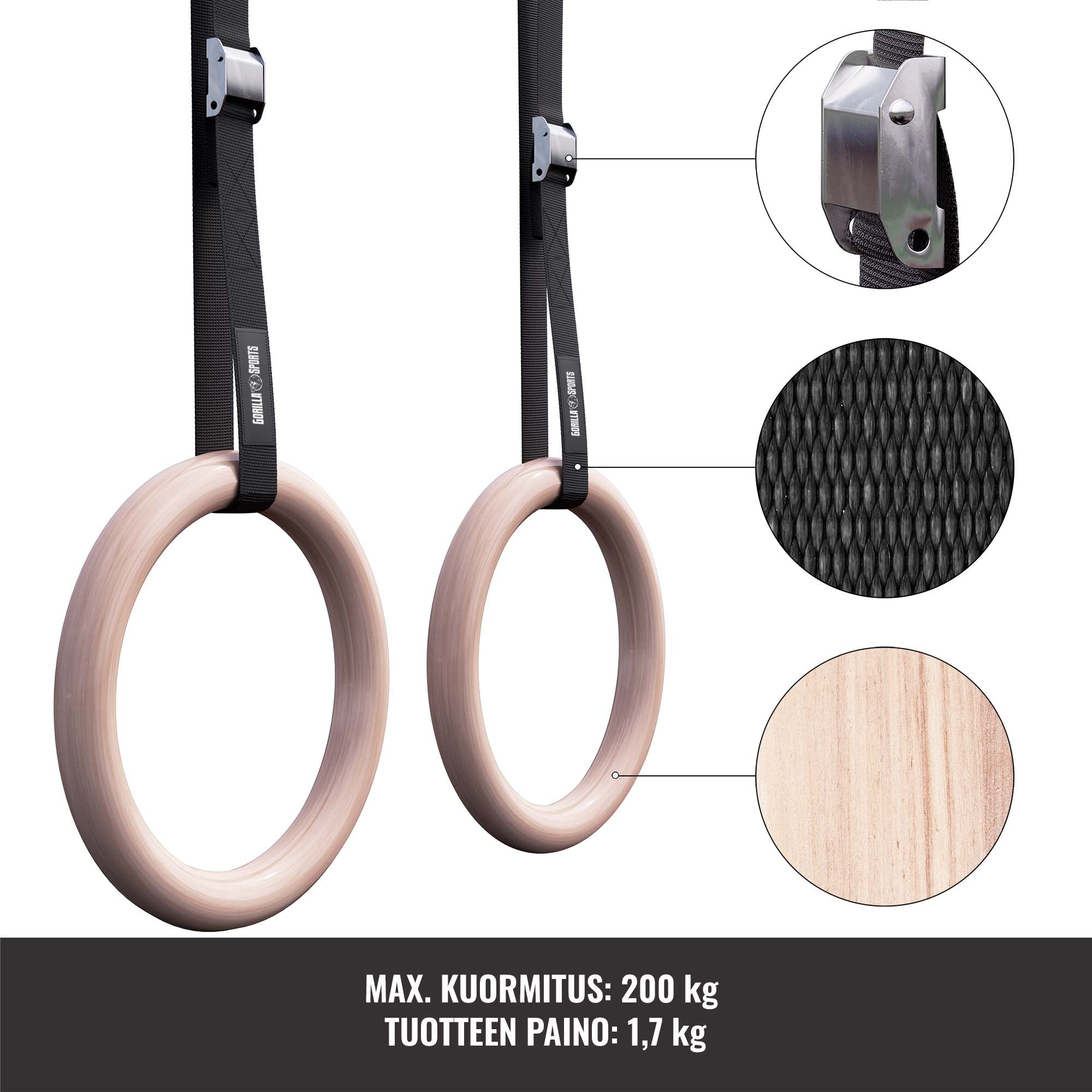 Puiset voimistelurenkaat 23 cm hihnoilla