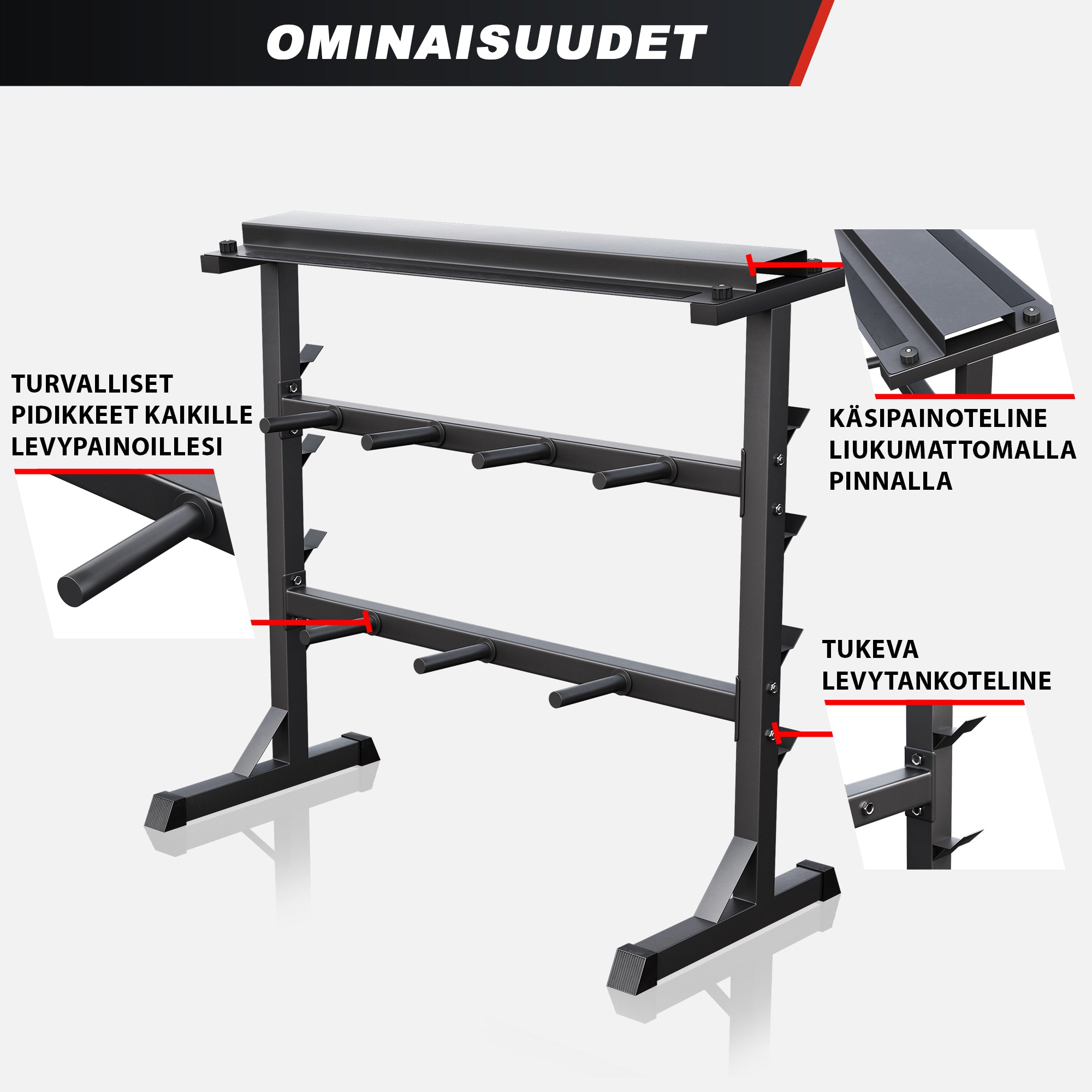 3-In-1 painoteline levypainoille, käsipainoille ja tangoille, harmaa